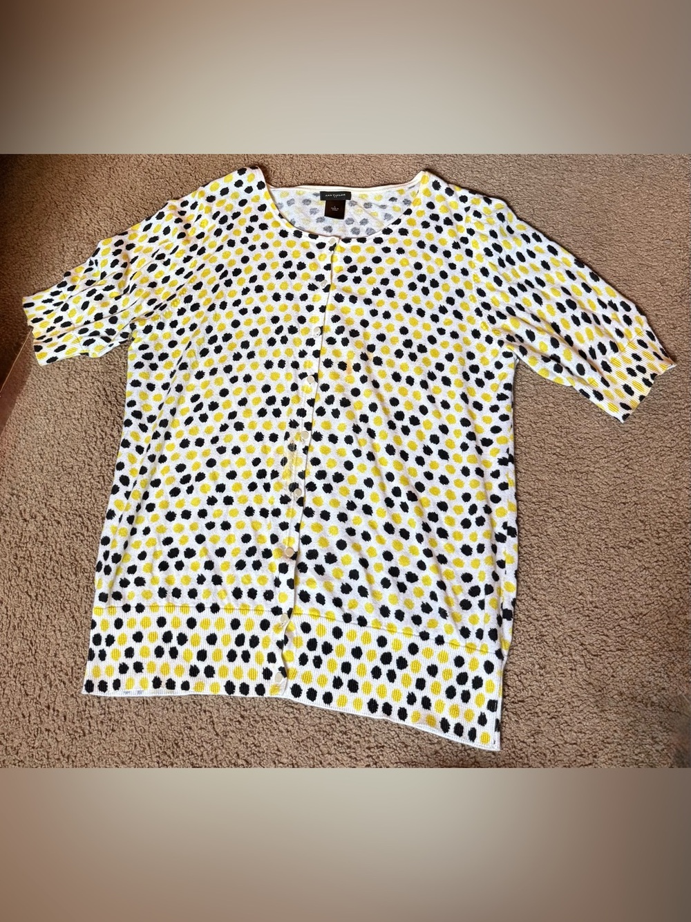 Ann Taylor Short-Sleeve Polka Dot Cardigan - Yellow & Black on White